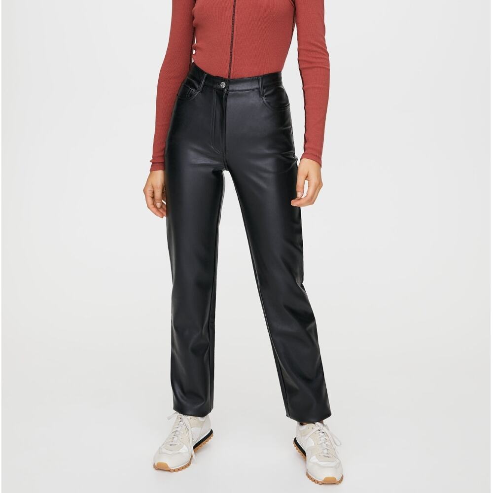 Wilfred Aritzia Melina Faux Leather Pants Black High Rise Straight Leg Size 12